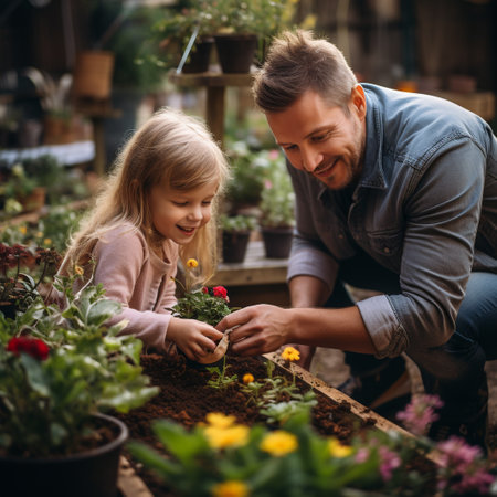 Cute little girl helping her father to plant flowers in a pot at homeの素材