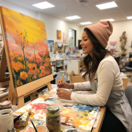 Young female artist painting picture on canvas in art studio, smiling.の素材