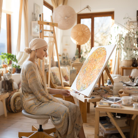 Young woman artist painting picture on canvas in her studio. She is sitting on chair and looking at it.の素材