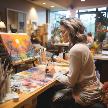 Young female artist painting a picture in her studio. She is sitting in front of the easel and looking at the canvas.の素材