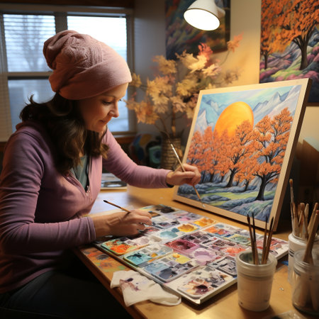 Young woman painting autumn landscape in her home studio. Selective focus.の素材
