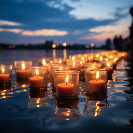 Candle light in the water with cityscape background, Thailand.の素材