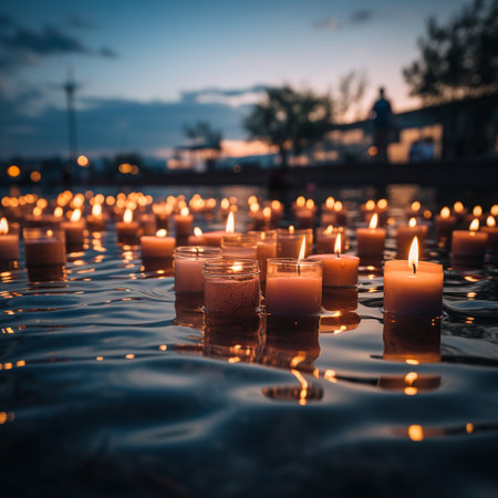 Candles in the water. Selective focus. Shallow depth of fieldの素材