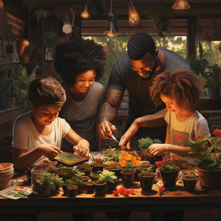 Group of young multiethnic people planting plants in pots at the coffee shop.の素材
