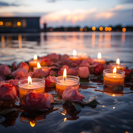Candles and rose petals floating on the water at sunset.の素材