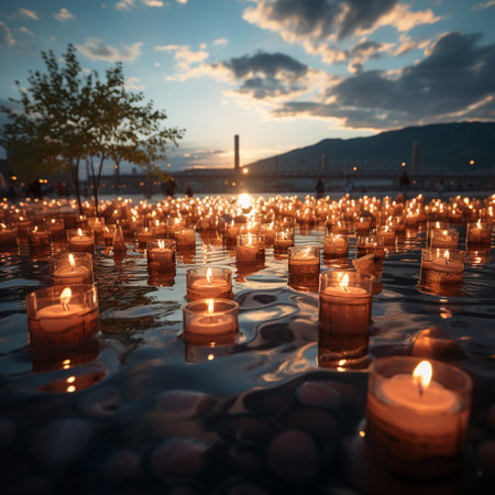 Candles in the water of the lake at sunset. Toned.の素材