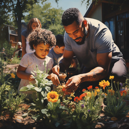 Happy family planting flowers in the garden. Father, mother and son gardening together.の素材