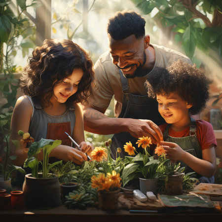 Happy family planting flowers in the garden. Mother, father and son gardening together.の素材