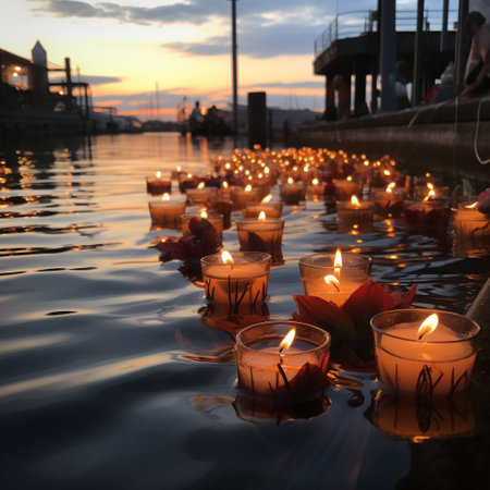 Candles in the water at sunset in Venice, Italy, Europeの素材
