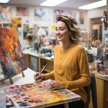 Portrait of smiling female artist painting picture in art studio. Selective focusの素材