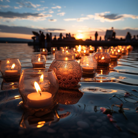 Candles in the water at sunset, Thailand. Selective focus.の素材