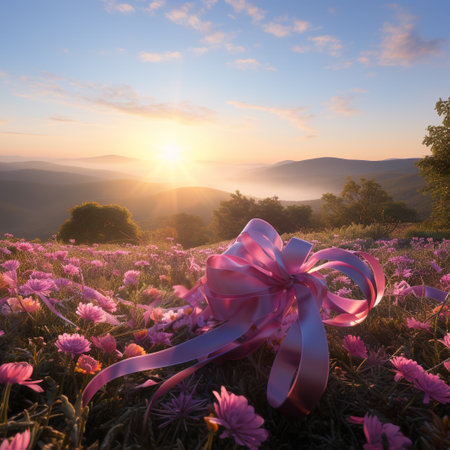 Beautiful spring flowers in the mountains at sunset. Nature background.の素材