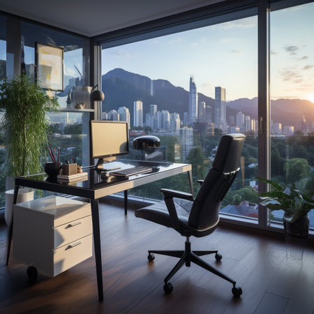 Office interior with city view, daylight and furniture. 3D Renderingの素材