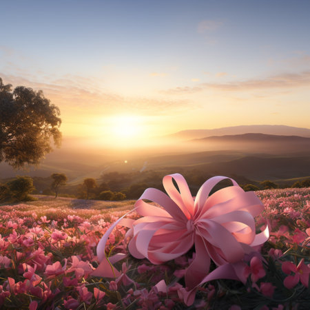 Beautiful pink flowers with gift bow on the meadow at sunsetの素材