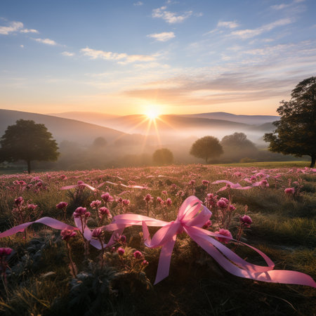 beautiful sunrise in the mountains with pink ribbons on the meadowの素材