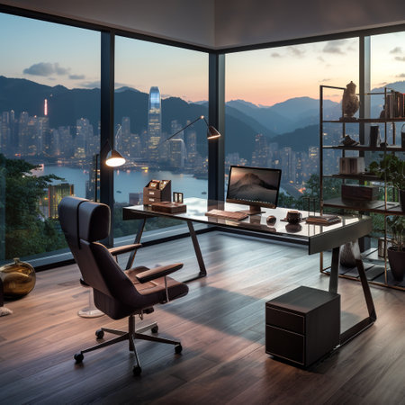 Modern office interior with city view, furniture and daylight. 3D Renderingの素材