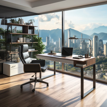 Interior of modern office with wooden floor, panoramic window and city view. 3d renderingの素材