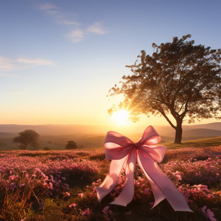 Beautiful sunset in the mountains with pink flowers and a pink ribbonの素材