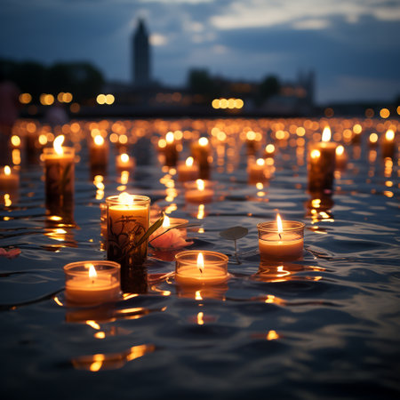 Candles on the water in front of the Kazan Cathedral, Tatarstan, Russiaの素材