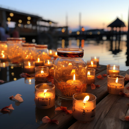 Candles in a glass jar on a wooden pier at sunset.の素材