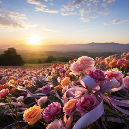 Ranunculus flower field at sunset in Chiang Rai, Thailandの素材