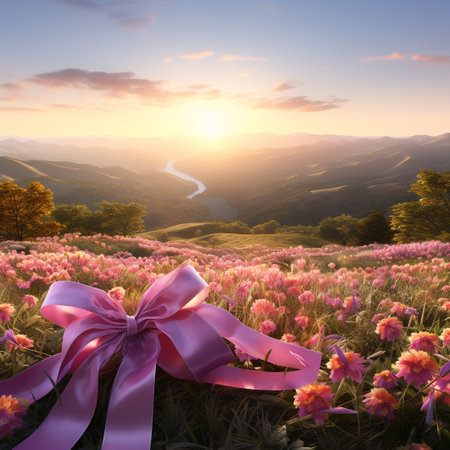 Sunset over the hilly meadow with pink flowers and ribbonの素材