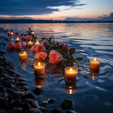 Candles in the water with pink roses on the background of the lake.の素材