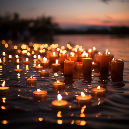 Many burning candles in the water at sunset. Selective focus.の素材