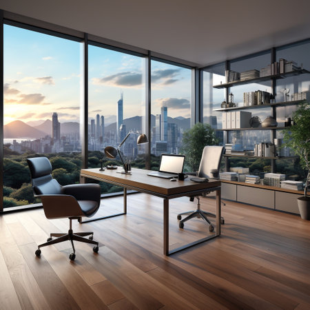Modern office interior with furniture and city view. 3D Renderingの素材
