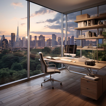Modern wooden office interior with panoramic window and city view. 3D Renderingの素材