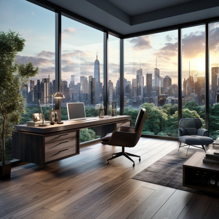 Modern office interior with wooden floor, panoramic window and city view. 3D Renderingの素材
