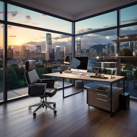 Modern office interior with panoramic window and city view. 3D Renderingの素材