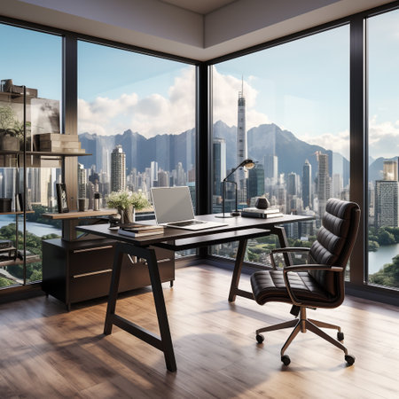 Modern office interior with panoramic window and city view. 3D Renderingの素材