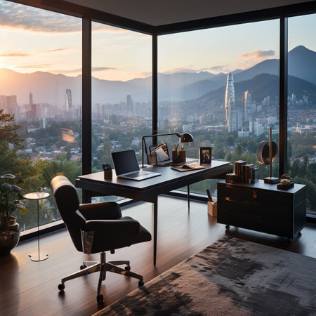 Luxury office interior with city view, furniture and daylight. 3D Renderingの素材