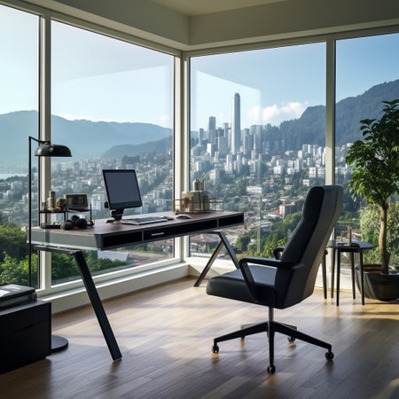 Wooden desk and chair in modern office with city view. 3d renderingの素材