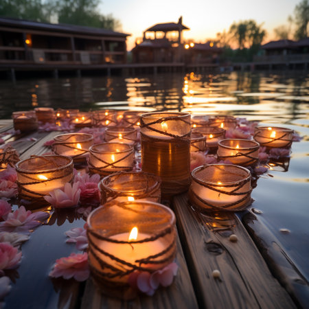 Candles floating on the surface of the lake with beautiful flowers.の素材