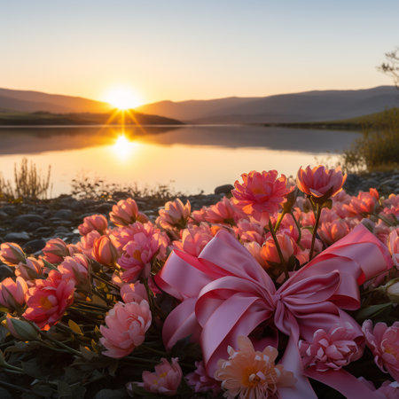 Bouquet of pink tulips on the shore of a lake at sunsetの素材