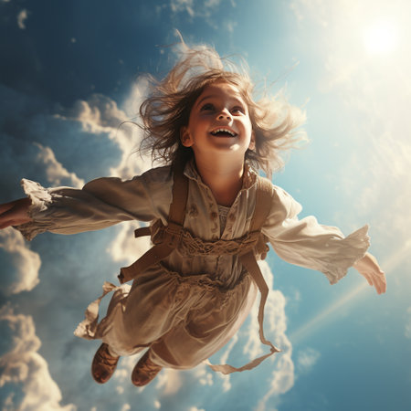 Happy little girl flying in the blue sky. Freedom and happiness concept.の素材