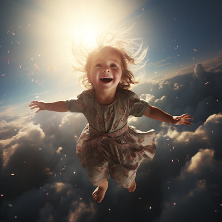 Little girl flying high in the sky with rays of light coming from aboveの素材