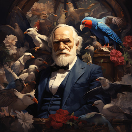 Portrait of an old man with a long beard and mustache in a blue suit, surrounded by pigeons and flowers.の素材