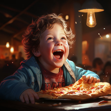 Little boy eating pizza at the table in a restaurant. Happy child eating pizza.の素材