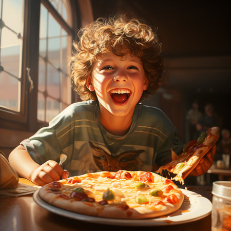 Happy boy eating pizza in a cafe. The concept of fast food.の素材