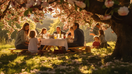 Group of happy family having picnic in a blooming garden on a spring dayの素材