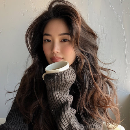 Beautiful young Asian woman with long hair holding a cup of coffee.の素材