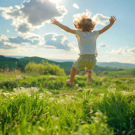 Happy child jumping on green meadow. Freedom and happiness concept.の素材