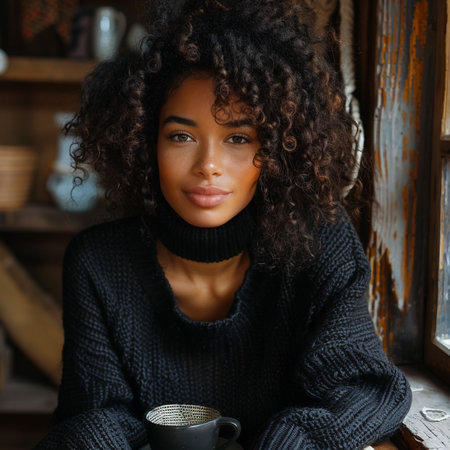 Portrait of a beautiful young african american woman with curly hair, wearing a warm sweater and holding a cup of coffee.の素材