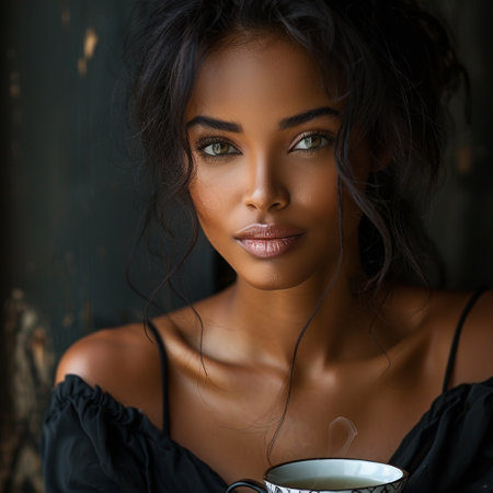 Foto für Beautiful young african american woman with cup of coffee. - Lizenzfreies Bild