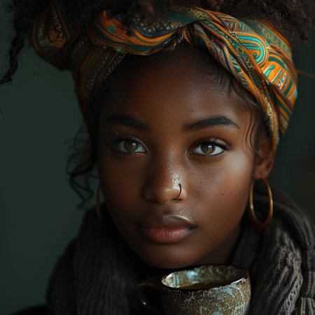 Portrait of a beautiful young African woman with a cup of coffee.の素材