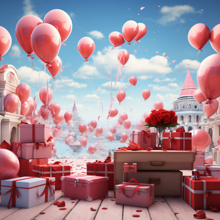Valentine's day background with red balloons and gift boxes. 3D renderingの素材