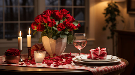 Romantic dinner table setting with red roses, candles and wine glassの素材